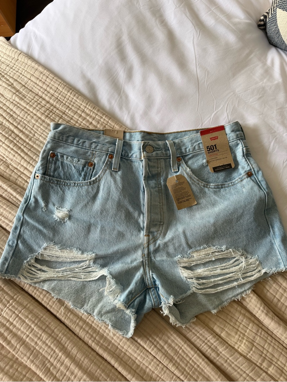 Levi's Light Blue Distressed 501 Denim Shorts - Size 30